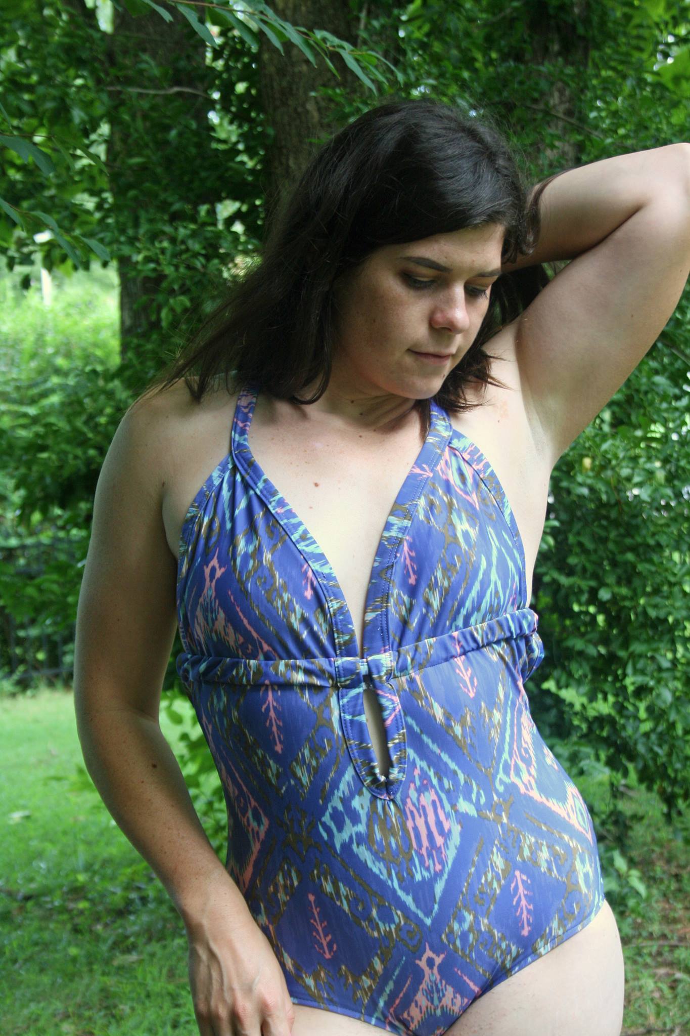 The Annette swimsuit pattern in a Misses size. Features a colorful design with a keyhole bodice alteration. 