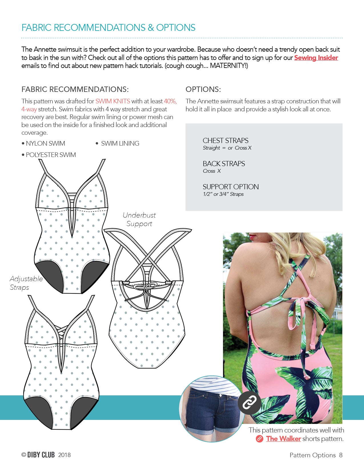 Fabric recommendations and pattern options for the Annette swimsuit. 