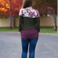 Back view of a long t-shirt length Nicolette with color blocking and 3/4 length sleeves. 