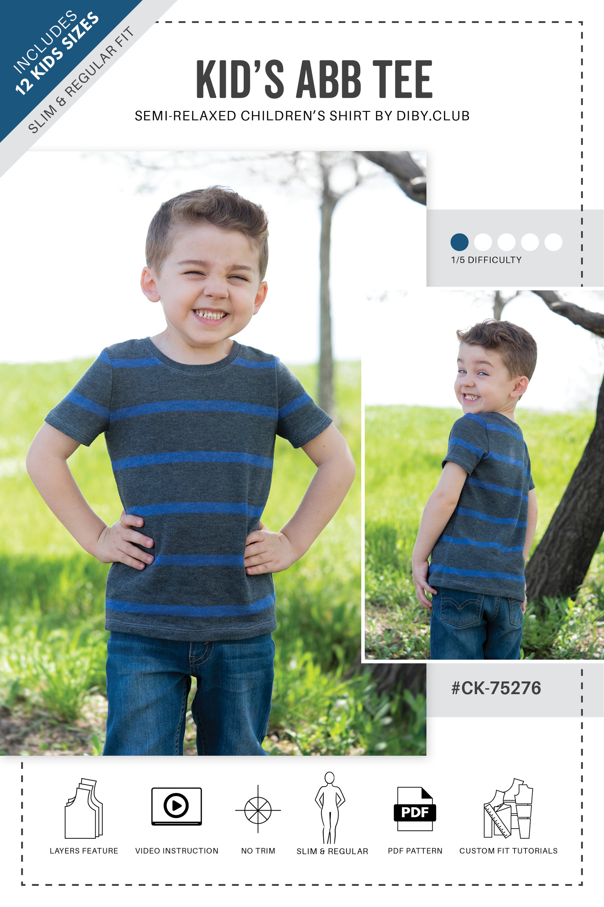 Pattern cover. Shows two photos of little boy in the shirt. "Includes 12 kids sizes. Slime and regular fit. Layers feature, video instructions, no trim, slim and regular, PDF pattern, custom fit tutorials."
