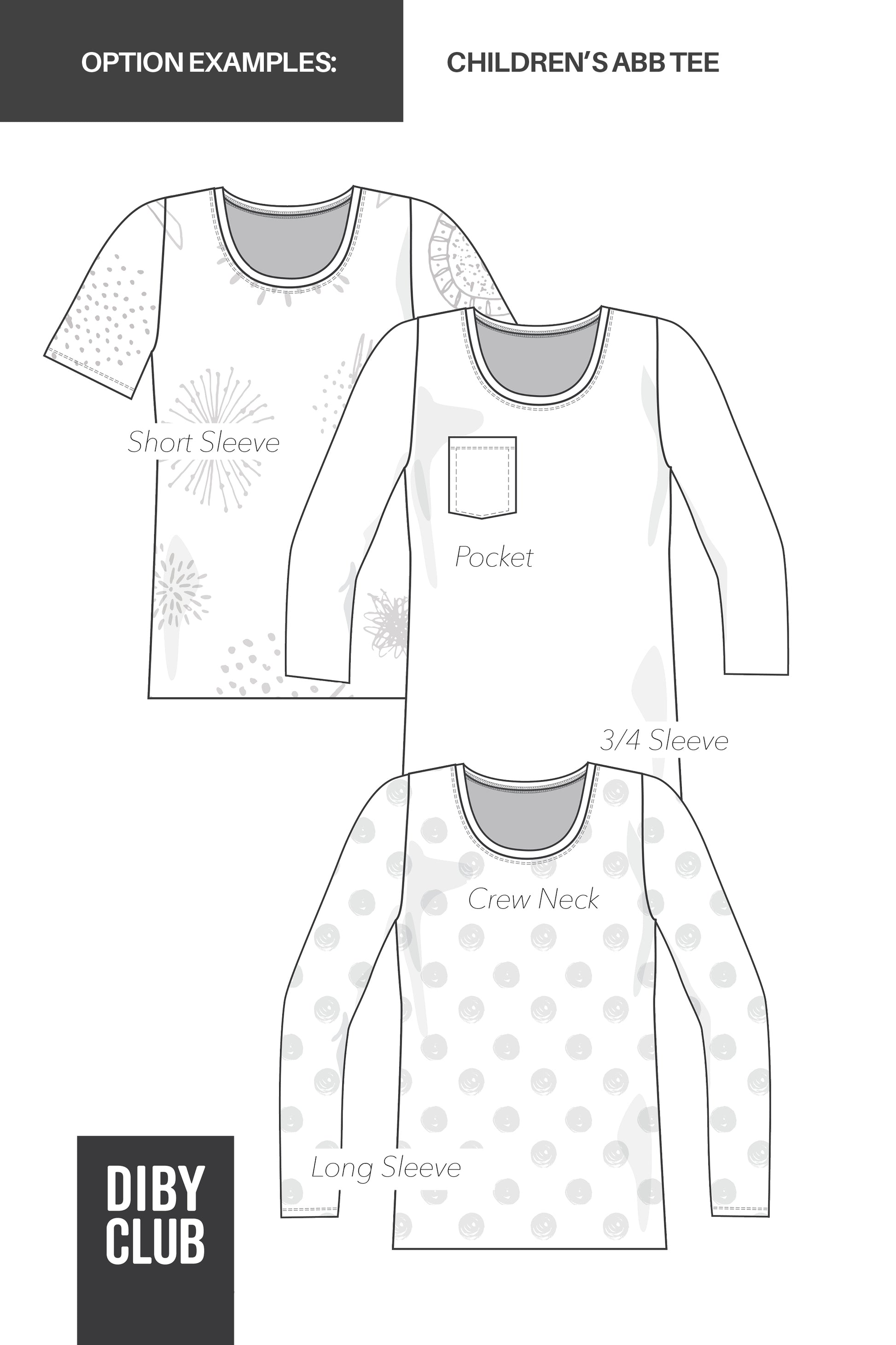 Sketch of different pattern options: short sleeve, 3/4 sleeve, long sleeve, crew neck, and pocket