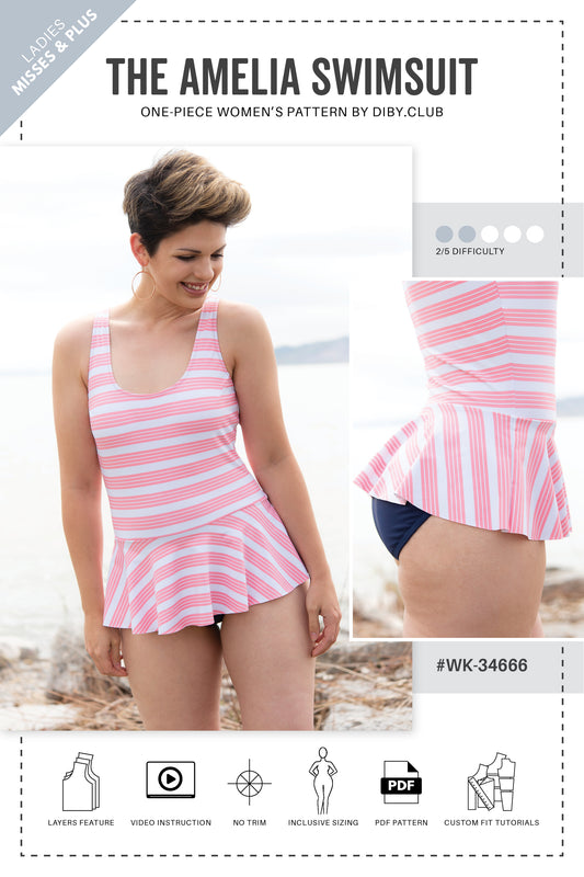 Cover of Amelia Swimsuit Instruction Book. Image of front view and side view of woman wearing pick and white striped swimsuit with dark bottom.