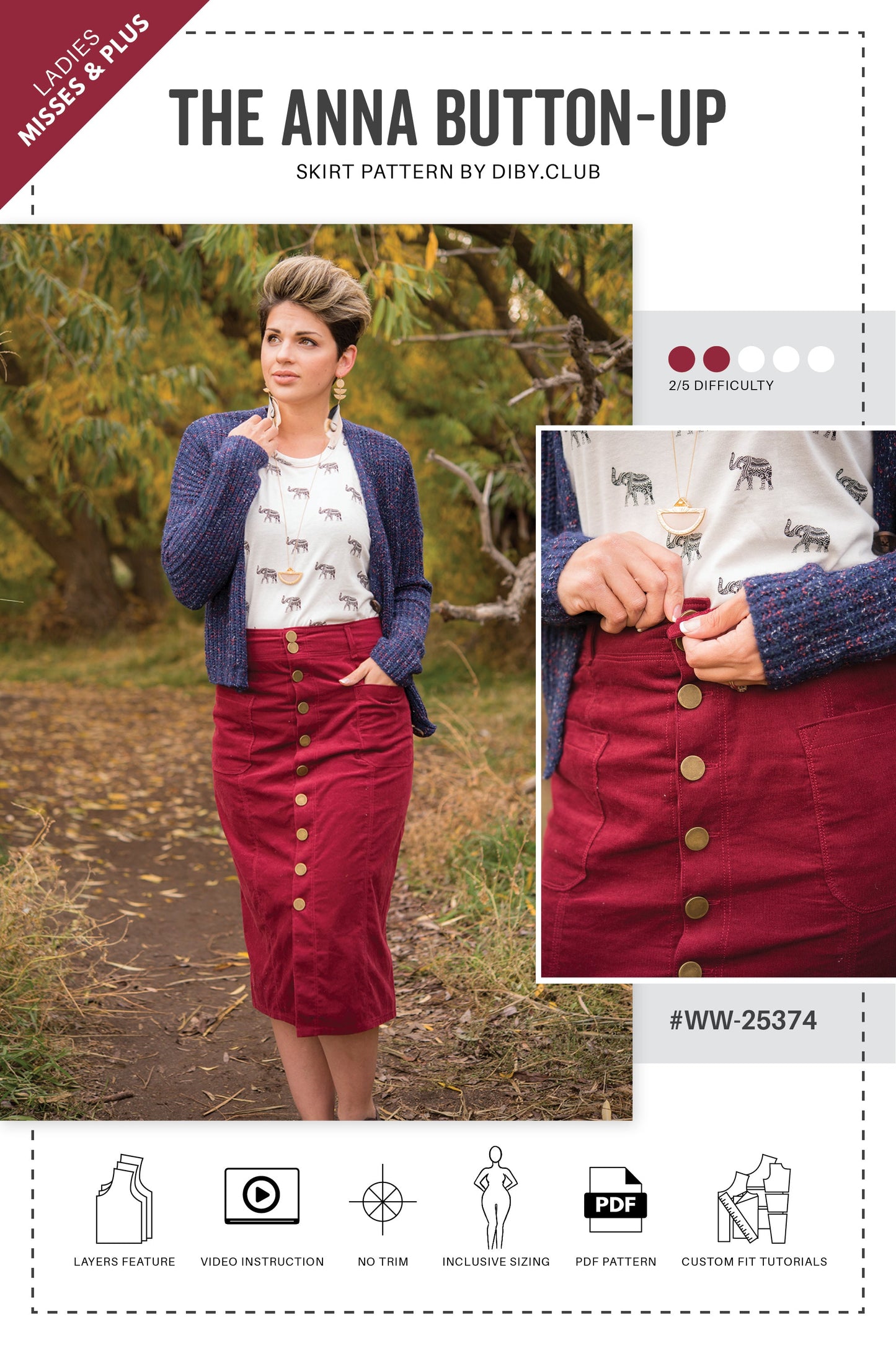 Cover page of DIBY Club Anna Button-Up Skirt Instruction Boo showing a woman wearing a red corduroy Anna Button-Up skirt with flat gold buttons. And a close up of the skirt showing two pockets.