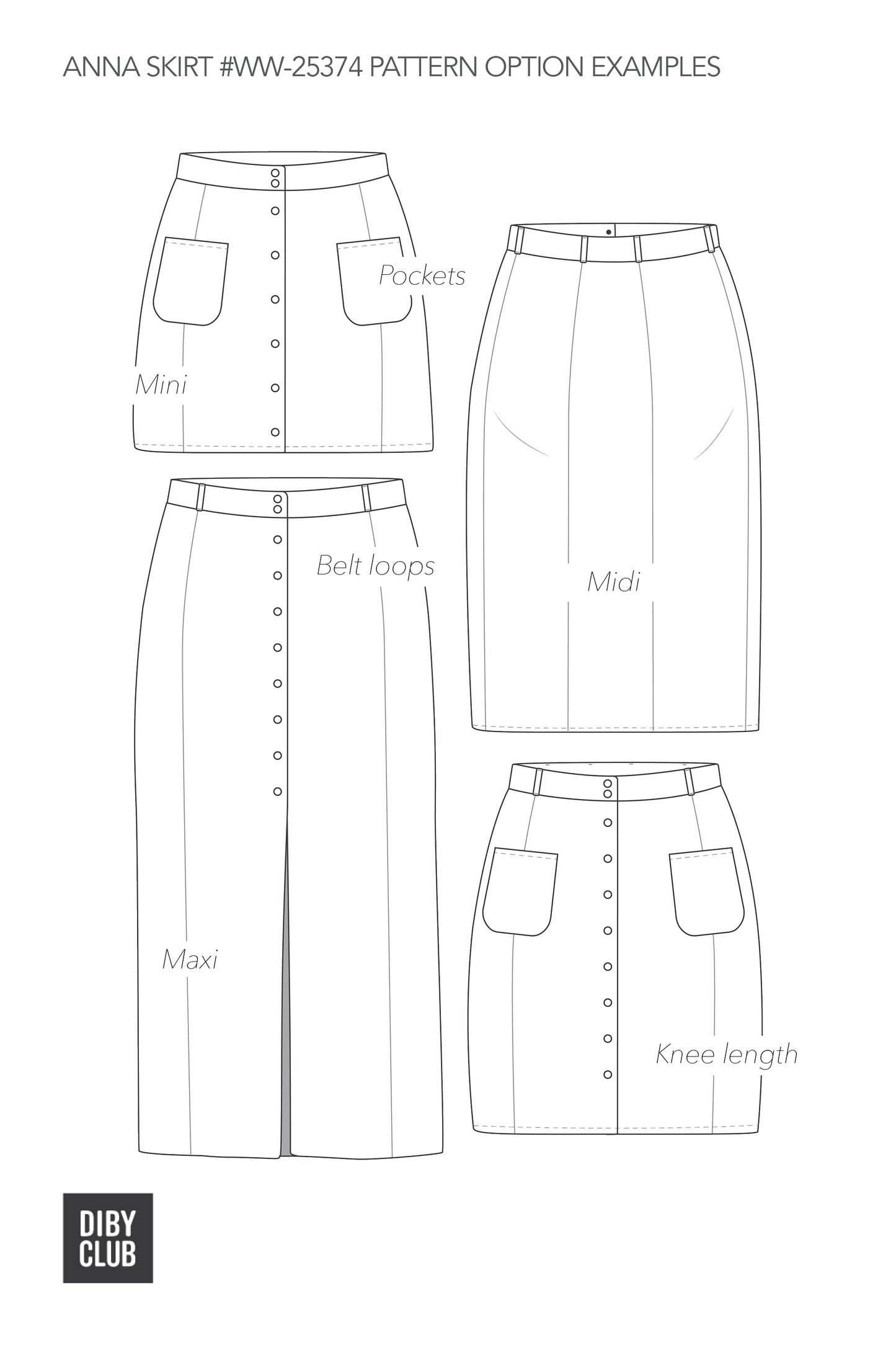 Sketches of 3 length options and back of skirt.