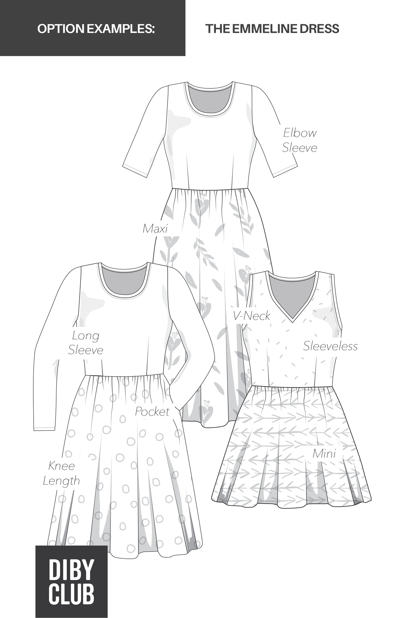 The Emmeline Gathered Dress Option Examples. 