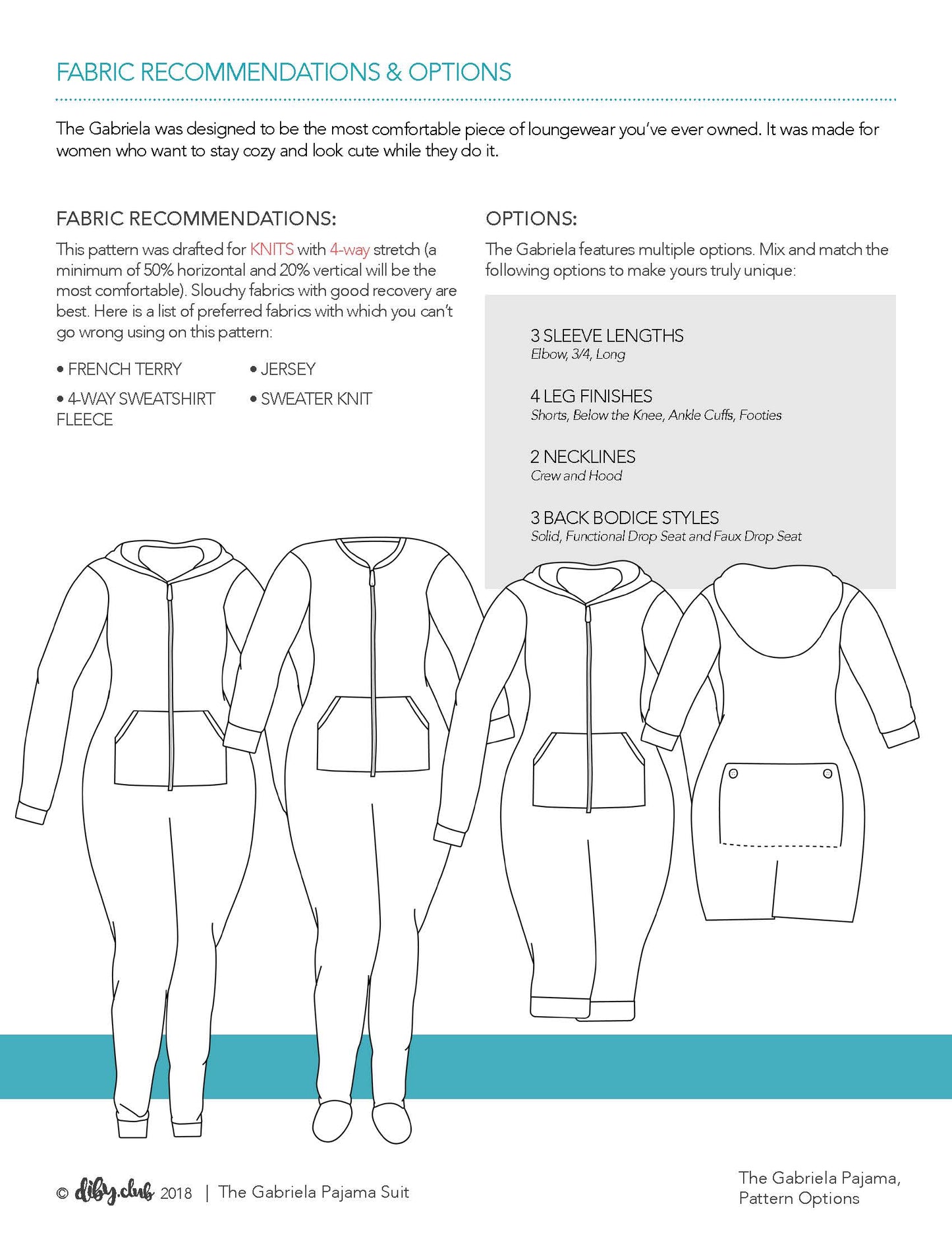 Image of the Fabric Recommendations and Options Page from the Instructions. The pattern was drafted for knits with 4-way stretch (at least 50% horizontal and 25% vertical). Suitable fabrics include french terry, 4-way sweatshirt fleece, jersey, or sweater knits.