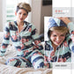 The cover of the Gabriela Pajama Onsie showing two pictures of a woman sitting on a bed wearing the DIBY Club Gabriela in a floral knit fabric with large stripes. The pajamas feature a front zipper and a drawstring hood.