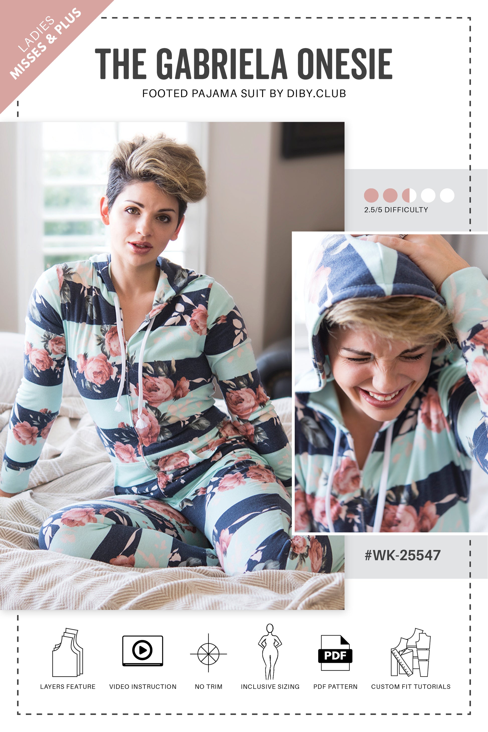 The cover of the Gabriela Pajama Onsie showing two pictures of a woman sitting on a bed wearing the DIBY Club Gabriela in a floral knit fabric with large stripes. The pajamas feature a front zipper and a drawstring hood.
