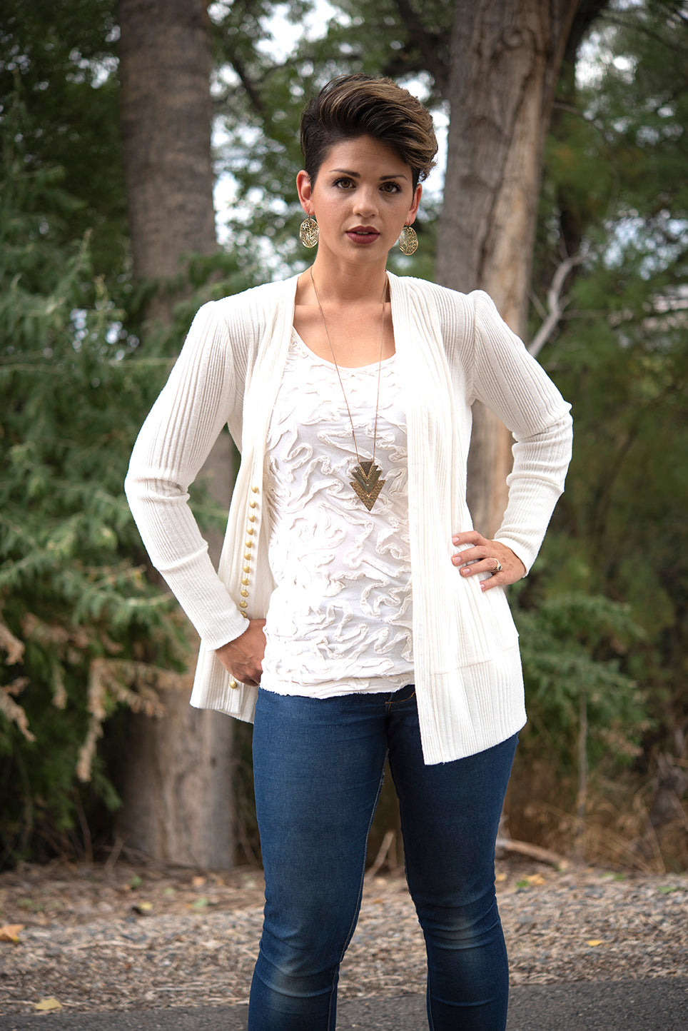 The Grace Cardigan in jacket length with long sleeves. Features buttons. 