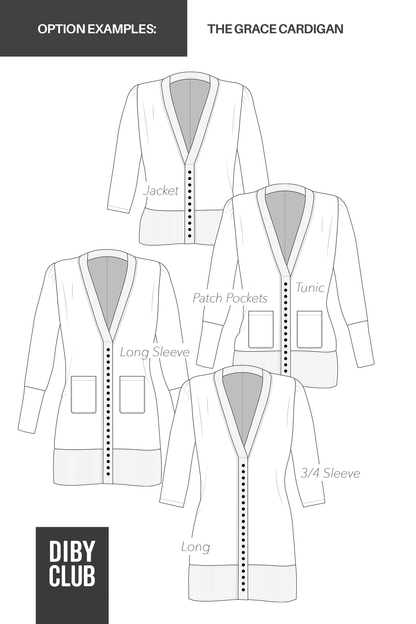 The Grace Cardigan option examples. 