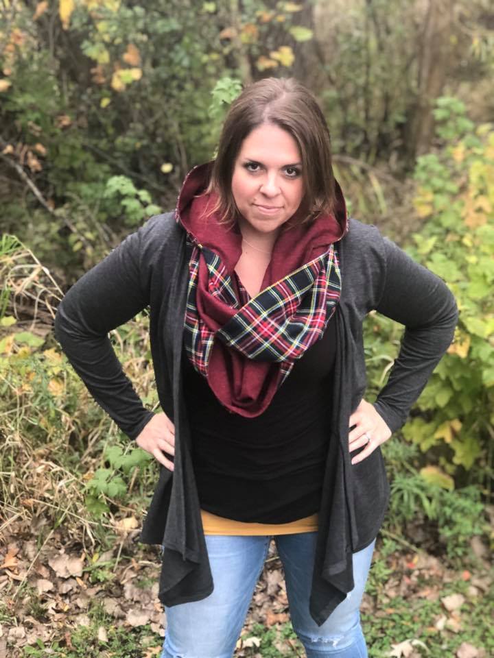 Pattern tester for the Hooded infinity scarf. Hood down. Features a merlot-colored inner lining and plaid main color. 