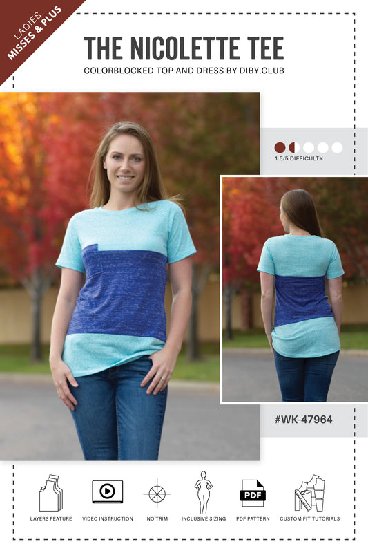The Nicolette Colorblocked top and dress pattern coverpage. 