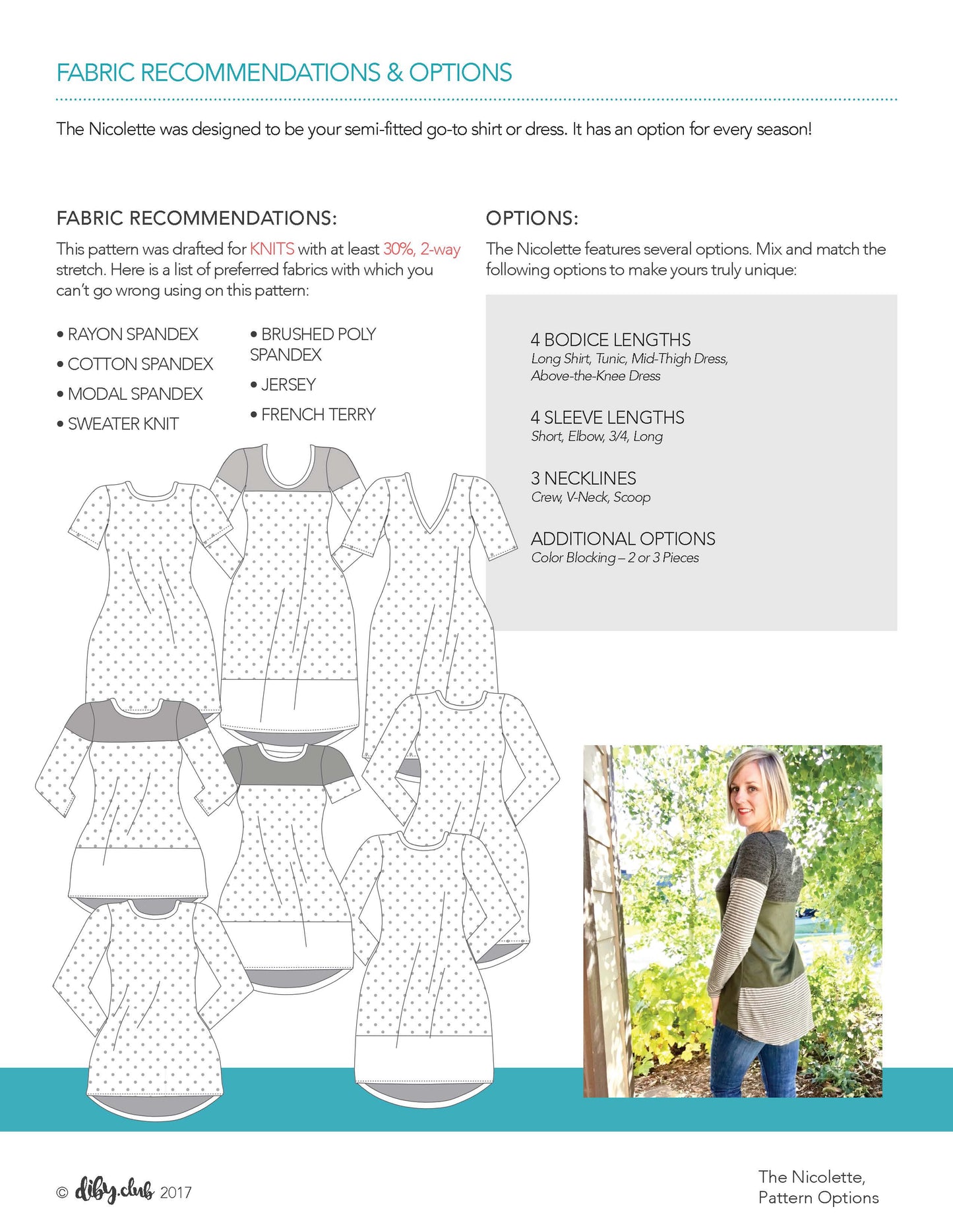 The Nicolette Pattern Options and Fabric Recommendations. 