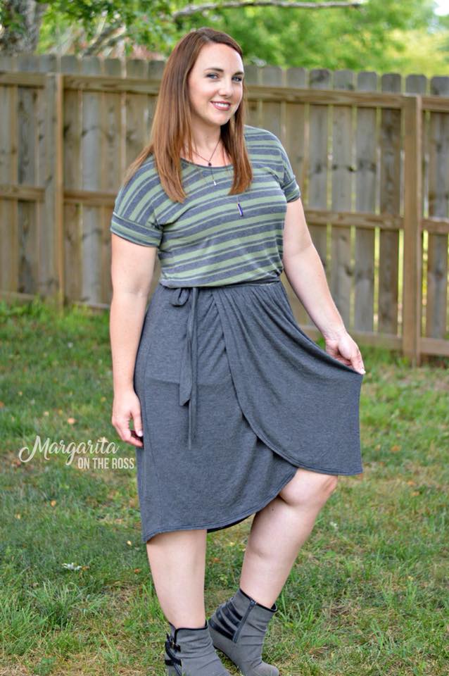 The Rosa in misses size. Features a crew neck, short sleeves, and knee-length skirt options.