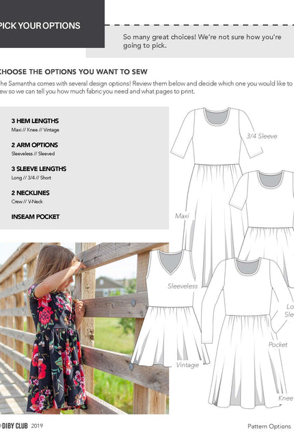 The Samantha Dress Instructions Pattern Options. Options include dress length: vintage, knee length, and maxi. Sleeve options: sleeveless, short sleeve, 3/4, and long. 