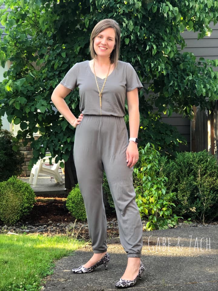 Misses size Stevie jumpsuit in taupe fabric. Includes short sleeves and tapered leg pattern options. 